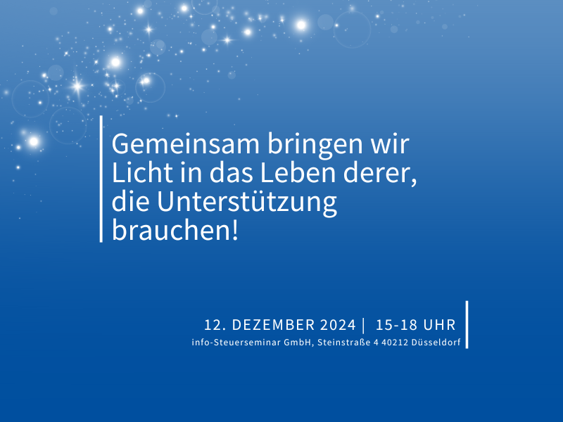 Am 12.12.2024 findet unsere Info-Spendenaktion für Aktion Lichtblicke e.V. statt. Die Aktion Lichtblicke e.V. setzt sich besonders für Menschen ein, die schwere Schicksalsschläge erleiden müssen – für die Schwachen und Benachteiligten unserer Gesellschaft, die oft keine Stimme oder Unterstützung für ihre Anliegen haben. Besonders betroffen sind häufig Kinder, die unter den Notsituationen leiden, in die ihre Familien geraten.